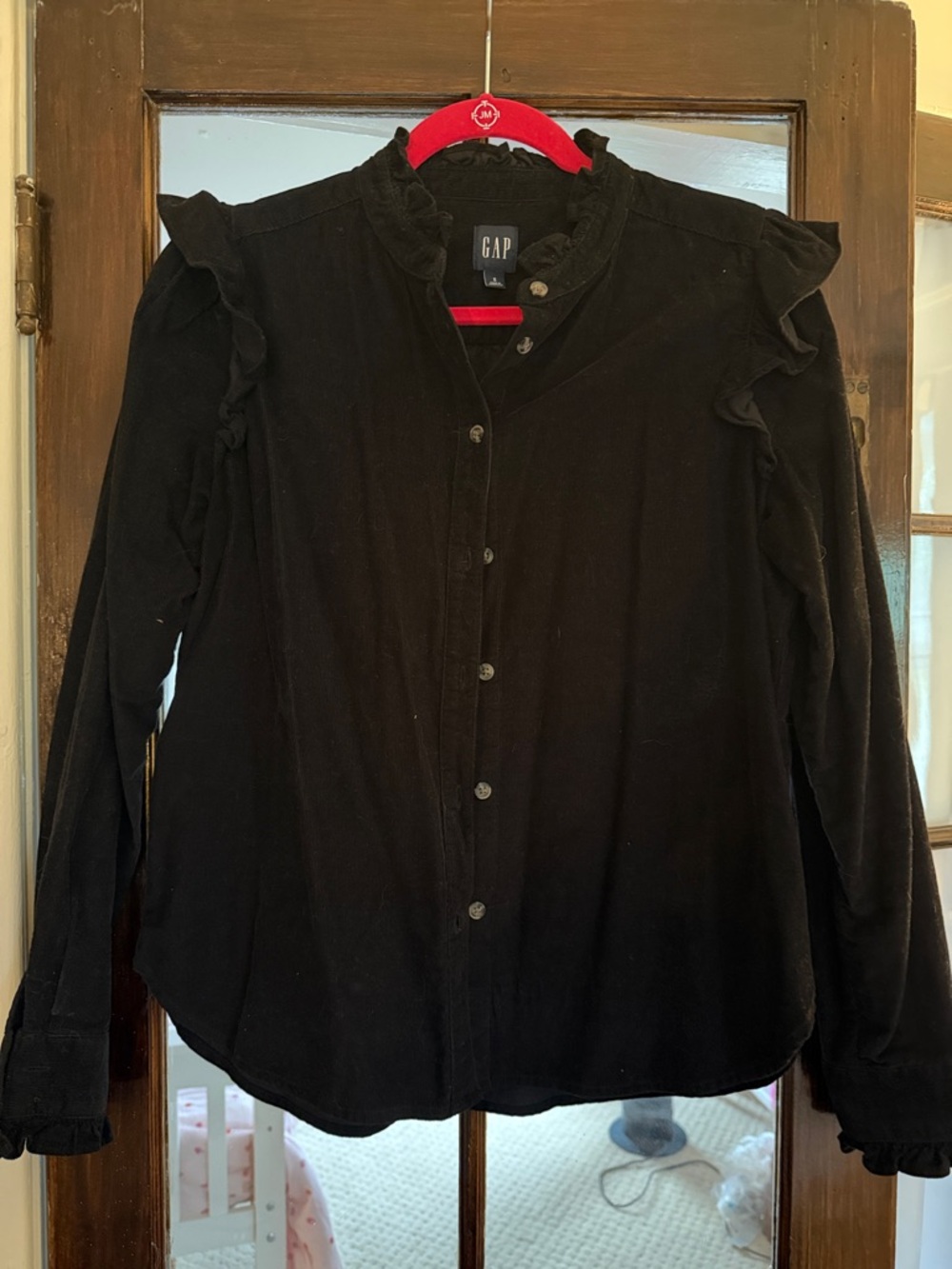 GAP Black Ruffle-Trim corduroy Button Front Blouse